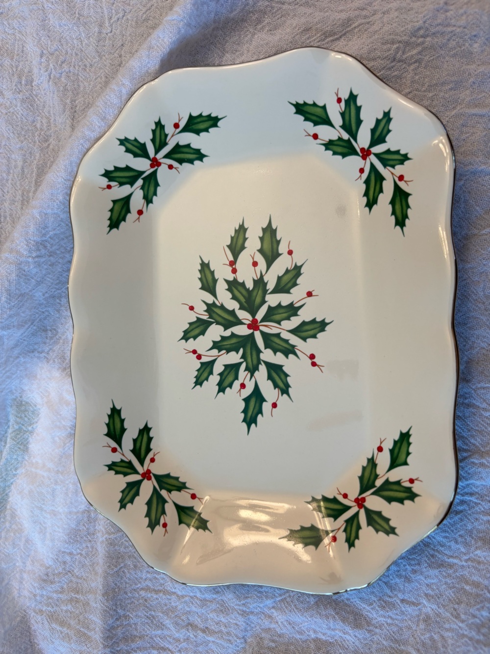Lenox Holiday Holly Pattern White Platter with Green and Red Accents